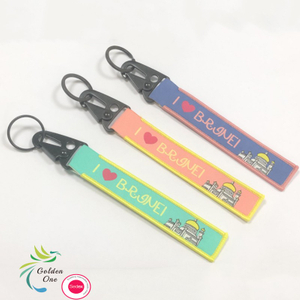 Wholesale black plating metal key ring climbing hook webbing custom print logo wrist strap ribbon carabiner hook woven metal keychain