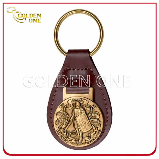 Personalized Leather Key Fob with Antique Brass Metal Embossed Emblem