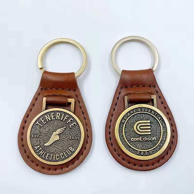 Brass Medallion Vintage Leather Key Ring with Embossed Design and Antique Waxed Edge Retro Style