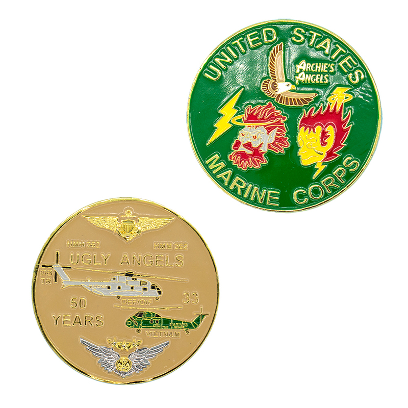 Legendary Ugly Angels Marine Corps Aviation Challenge Coin with Stamped 3D Emblem and Weathered Patina Finish, Vietnam-Era Squadron Commemorative for Veteran Reunions and Aviation Heritage Exhibits