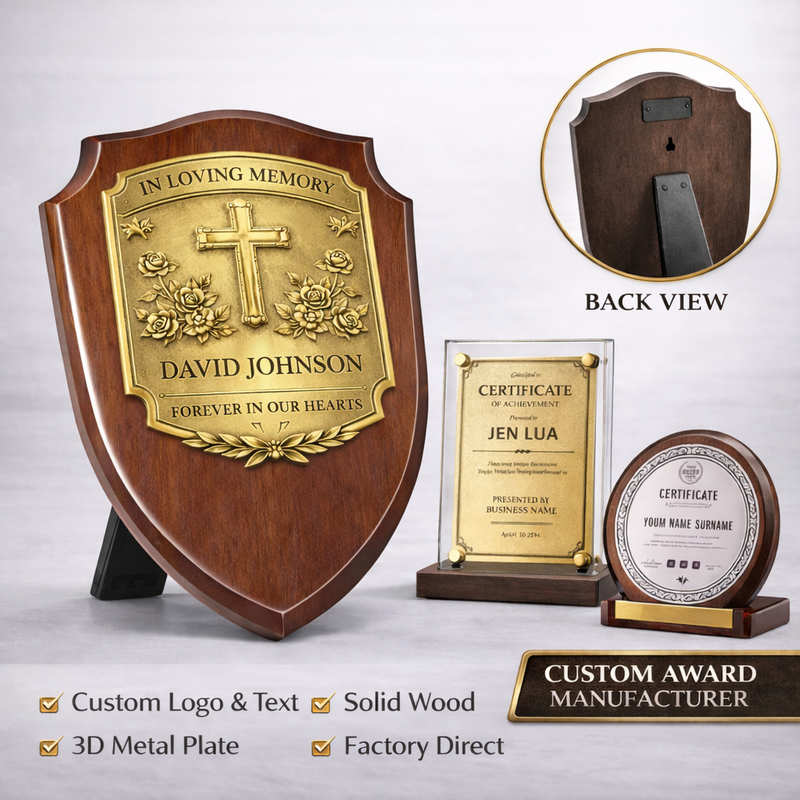 Luxury Wood and Metal Commemorative Plaque with Brass Plate, Custom Engraved Memorial Trophy for Retirement or Service Award