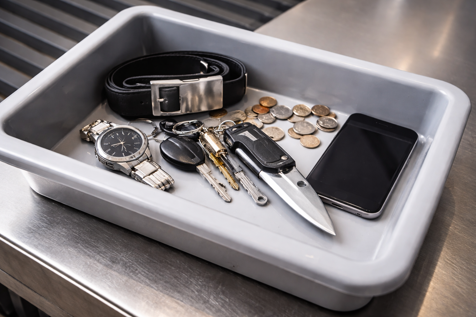 security checkpoint tray with metal items