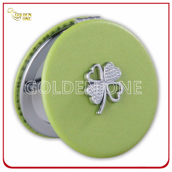 Custom Circle Shape Leather Compact Mirror with Metal Charm