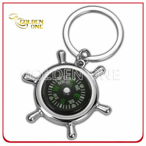 Nickel Plated Steering Wheel Zinc Alloy Key Chain with Compass