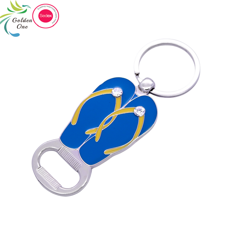 Factory Sale Metal Zinc Alloy Souvenir Domed Sticker Custom Blue slipper hard enamel Bottle Opener Keychain with diamond