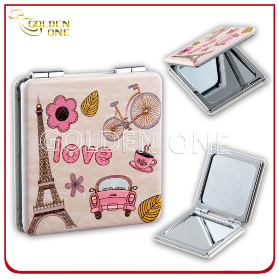 Customized Printed Round Shape Double Sided Leather Makeup Mirror