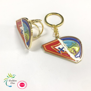 Pathfinder club hot selling custom logo metal badges brooch key ring shiny gold plating triangle shape metal keychain
