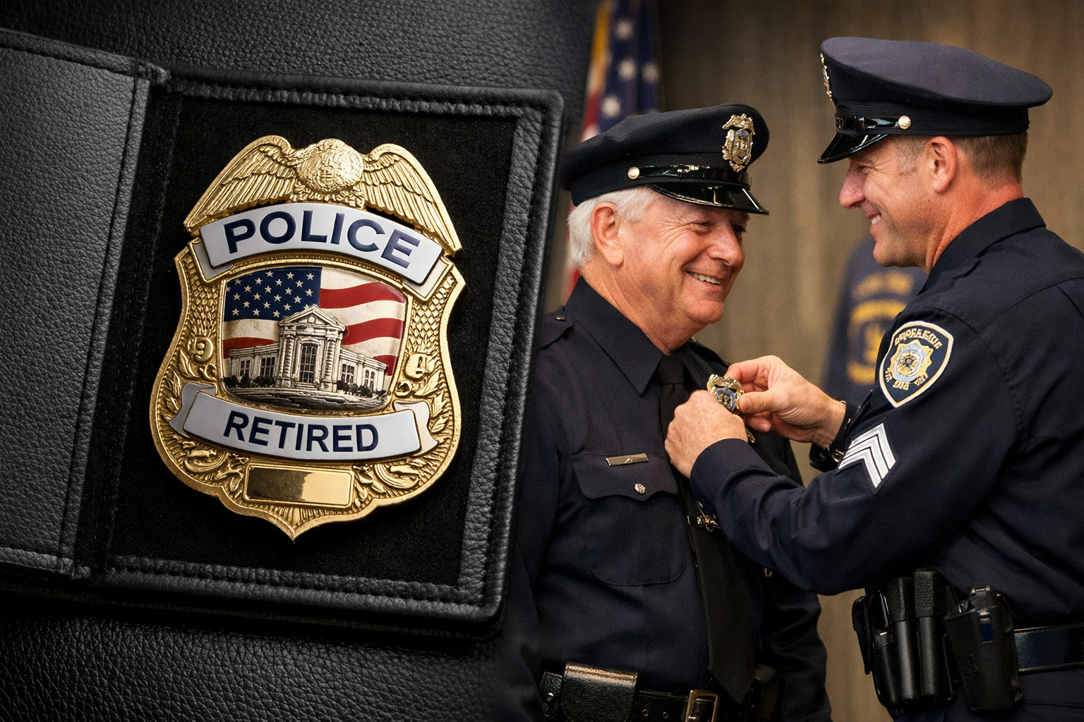 Retired police badge with leather cover is used for police officers' retirement ceremony