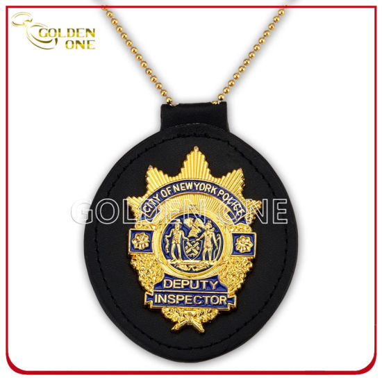 Custom Gold Plating Metal Police Security Military Badge with Leather Holder