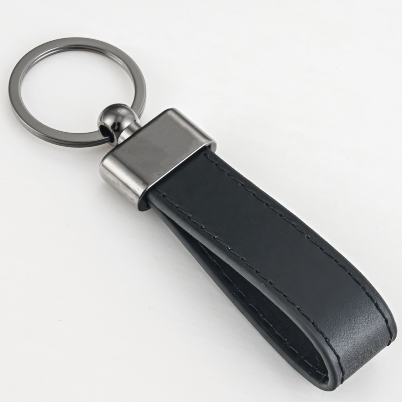 Classic Genuine Leather Key Ring with Hand-Stitched Edge and Polished Zinc Alloy Charm, Premium Gift in Velvet Pouch