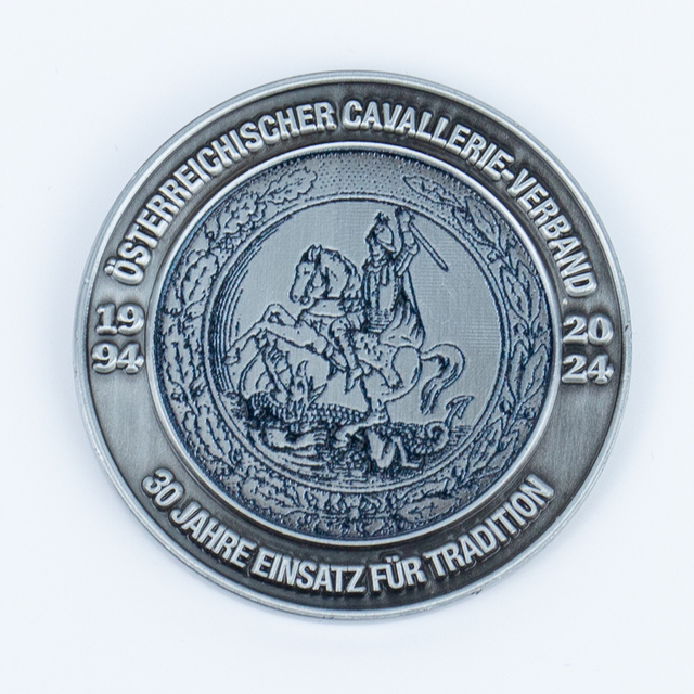 Austrian Cavalry Association 30th Anniversary Challenge Coin with High Relief Silver Plating, Traditional Equestrian Commemorative for Heritage Events and Association Ceremonies