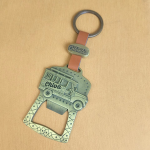 Bronze Keychain Beer Cap Bottle Opener Colombia Chiva Bus Souvenir Key Ring with PU Leather Strap Vintage Gift for Bar Party